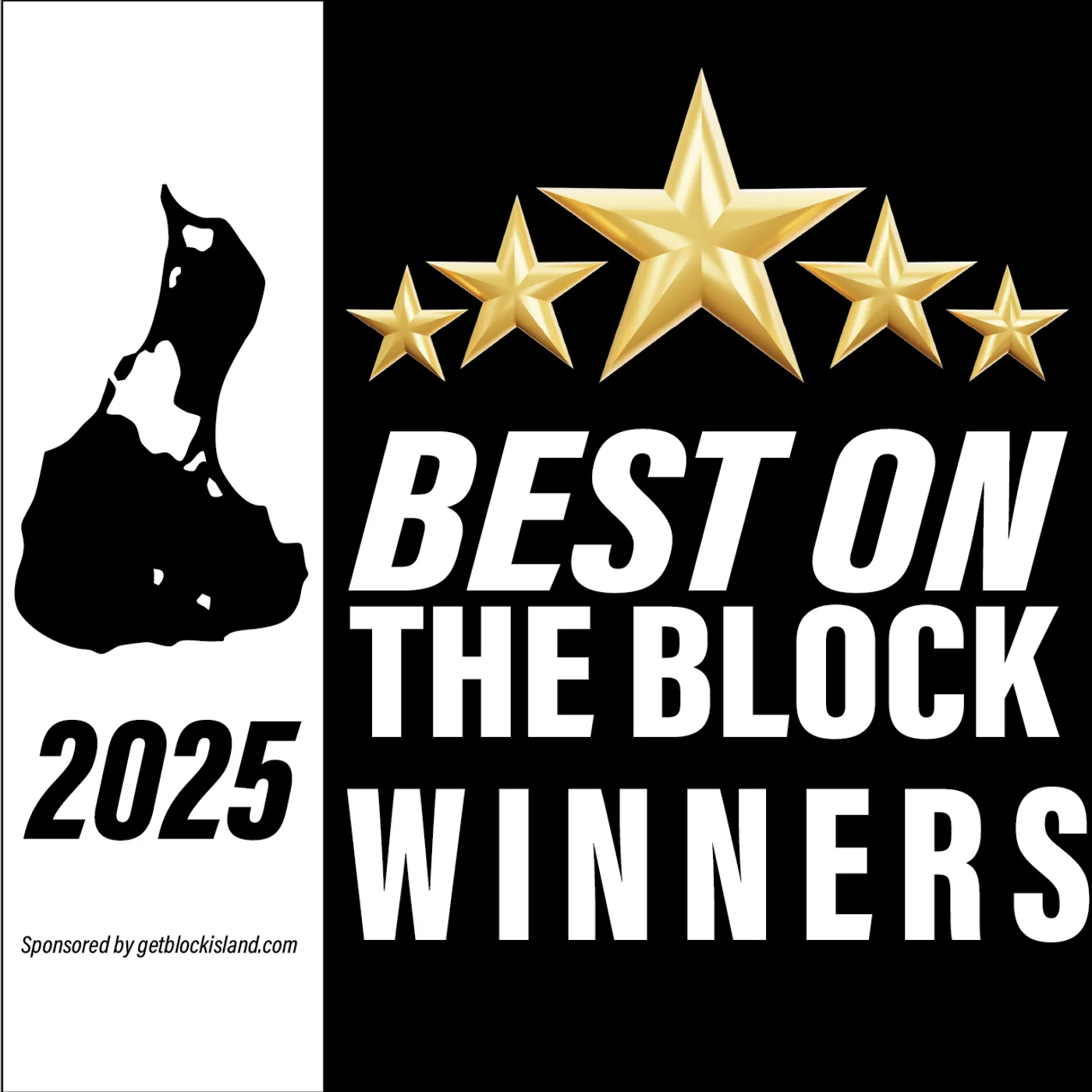 Best on the Block 2025 award graphic: gold stars over an aerial view of Block Island with the island map outline.