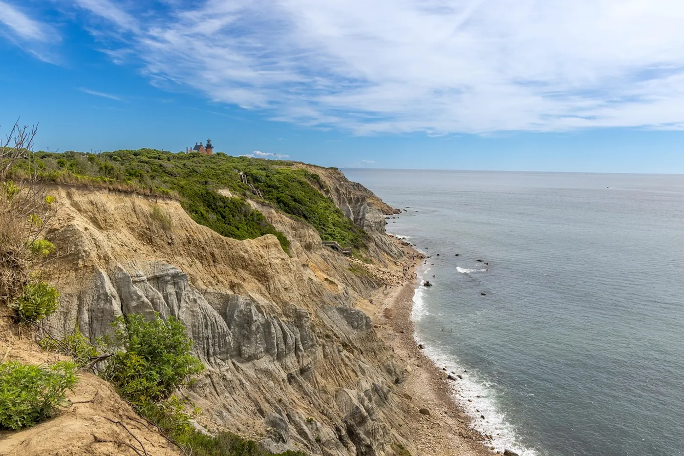 The clay cliffs of Mohegan Bluffs curving toward the Southeast Lighthouse in the distance, with beachgoers small on the sand far below.